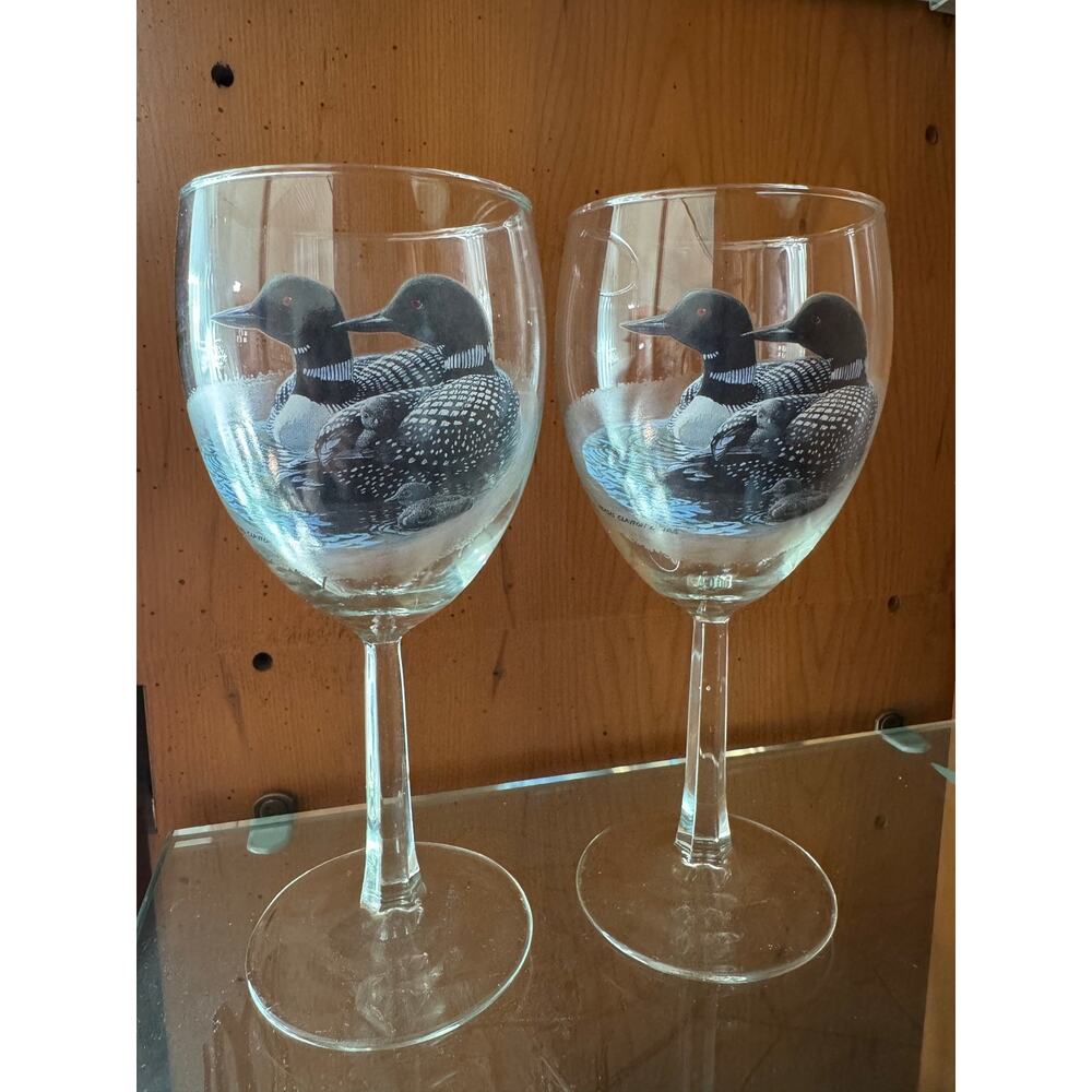 Vintage Persis Clayton Weirs Printed Ducks Wine Glasses Set of 2